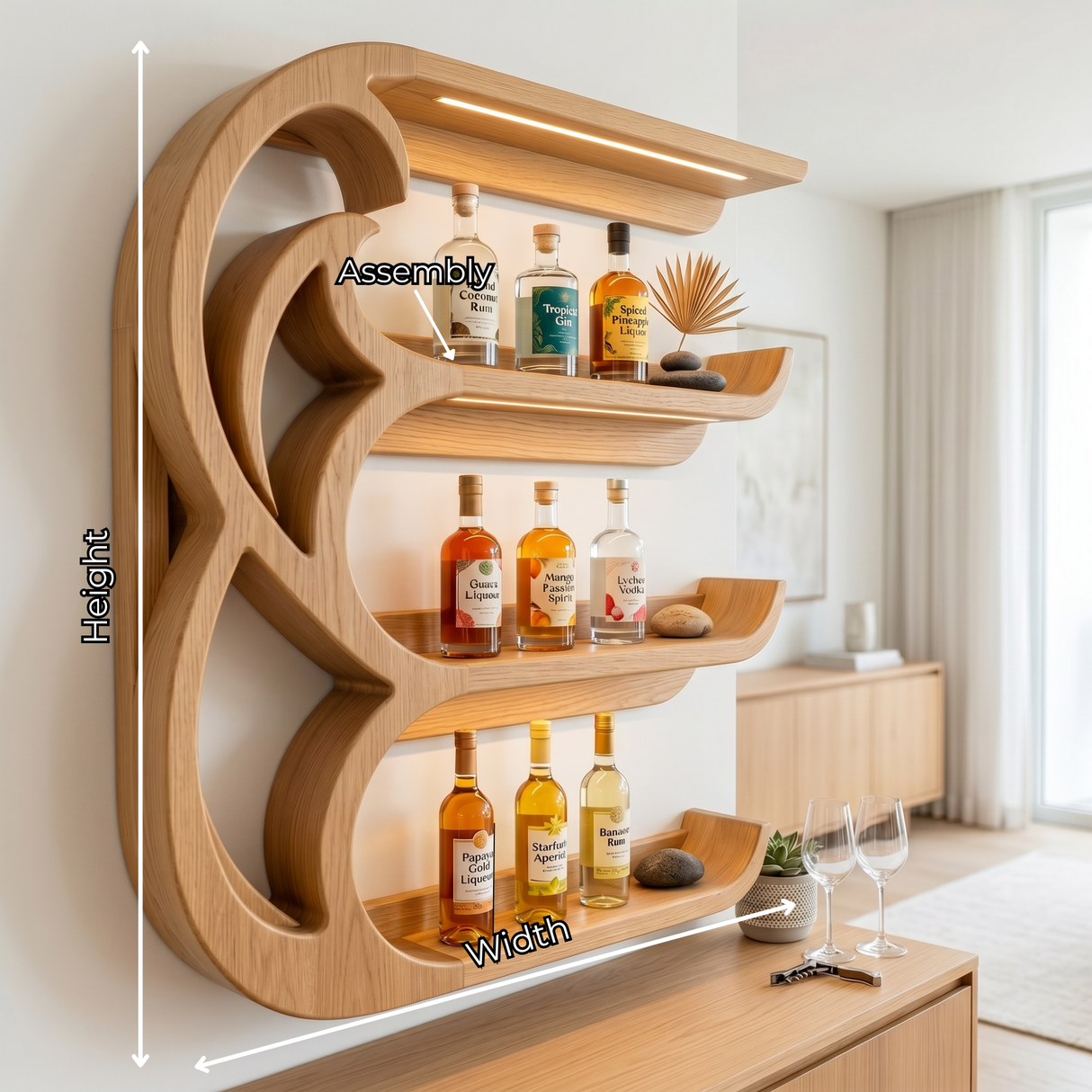 Handcrafted Solid Wood Crescent Wave Wall Bar Shelf with Curved Bottle Display Shelves