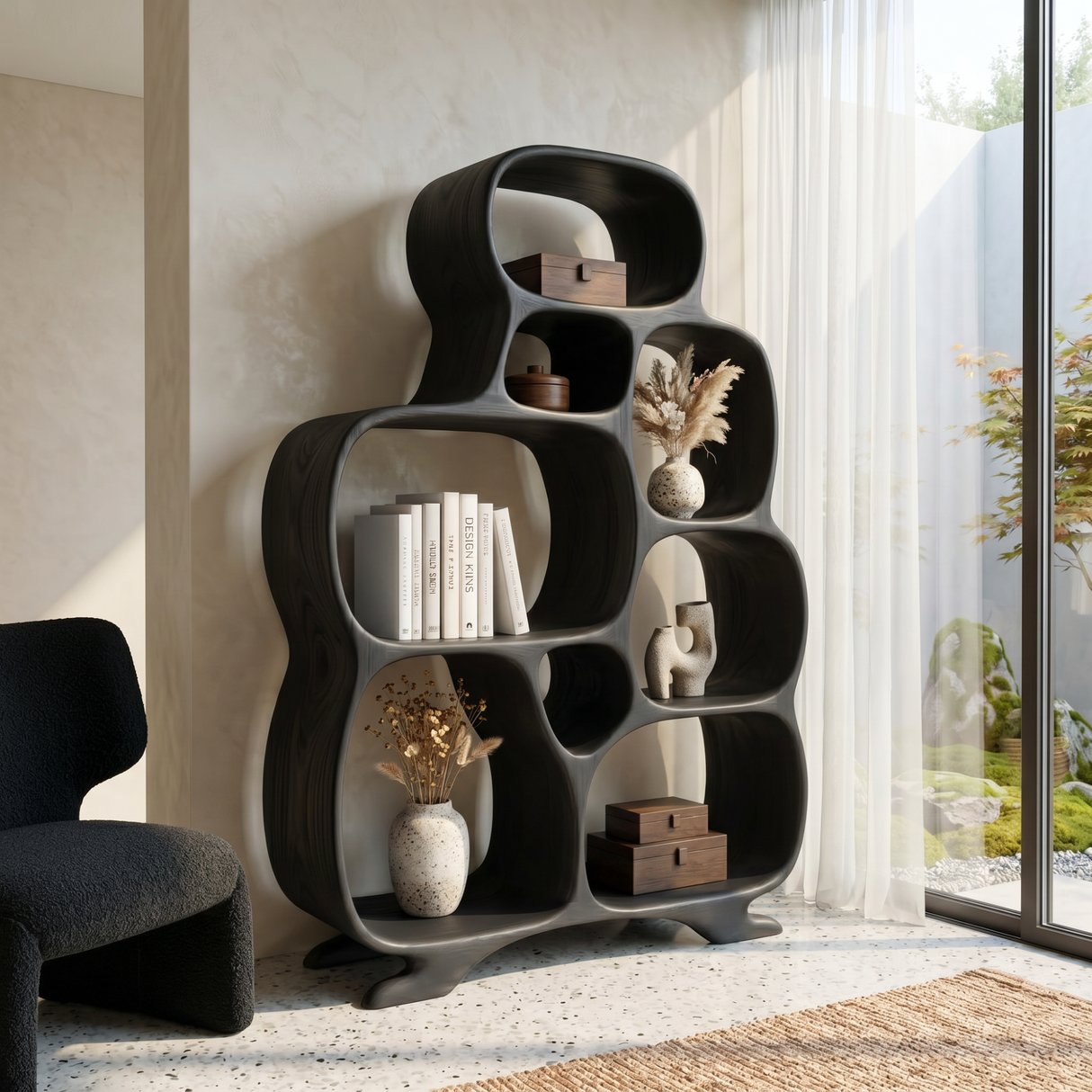 Organic Solid Wood Bookshelf with Rounded Open Compartments