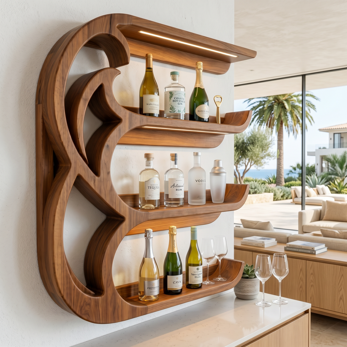 Handcrafted Solid Wood Crescent Wave Wall Bar Shelf with Curved Bottle Display Shelves