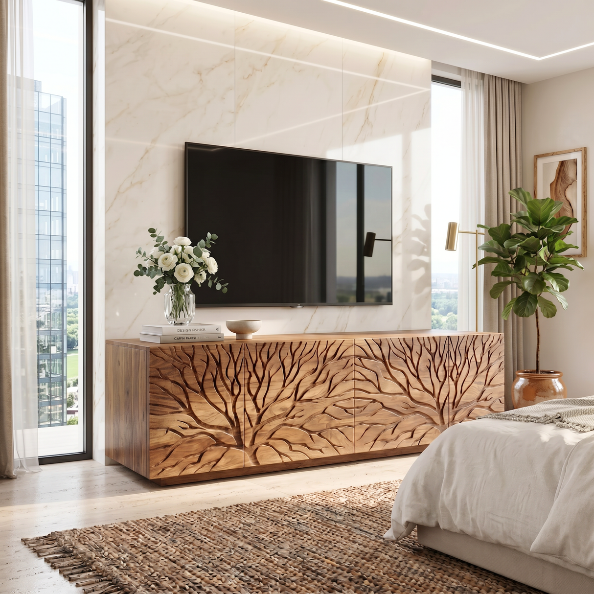 Solid Wood TV Console with Branch Carved Door Fronts