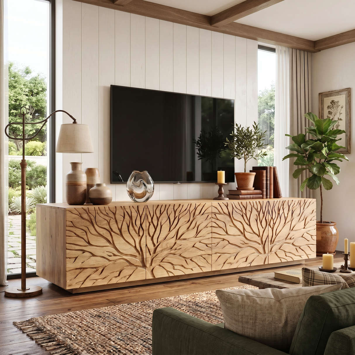 Solid Wood TV Console with Branch Carved Door Fronts