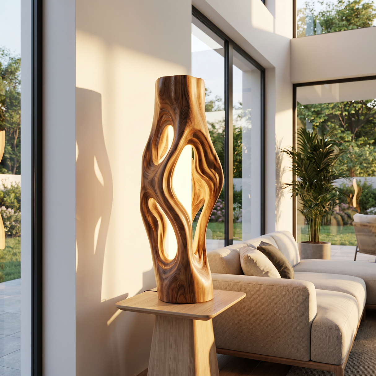Organic Column Wood Table Lamp with Flowing Cutouts