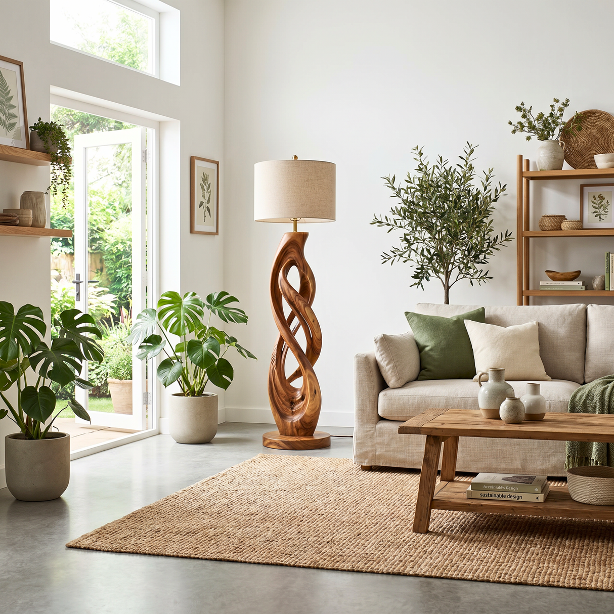 Handcrafted Wood Floor Lamp with Interlaced Ribbon Base