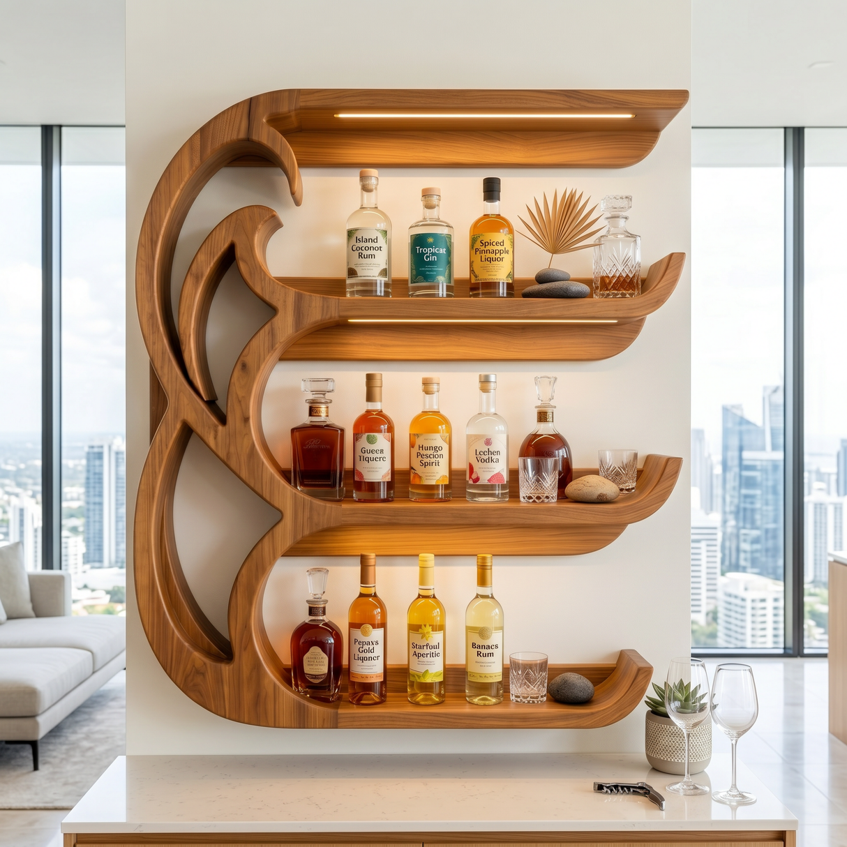 Handcrafted Solid Wood Crescent Wave Wall Bar Shelf with Curved Bottle Display Shelves