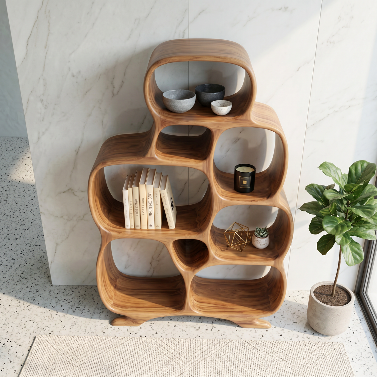 Organic Solid Wood Bookshelf with Rounded Open Compartments
