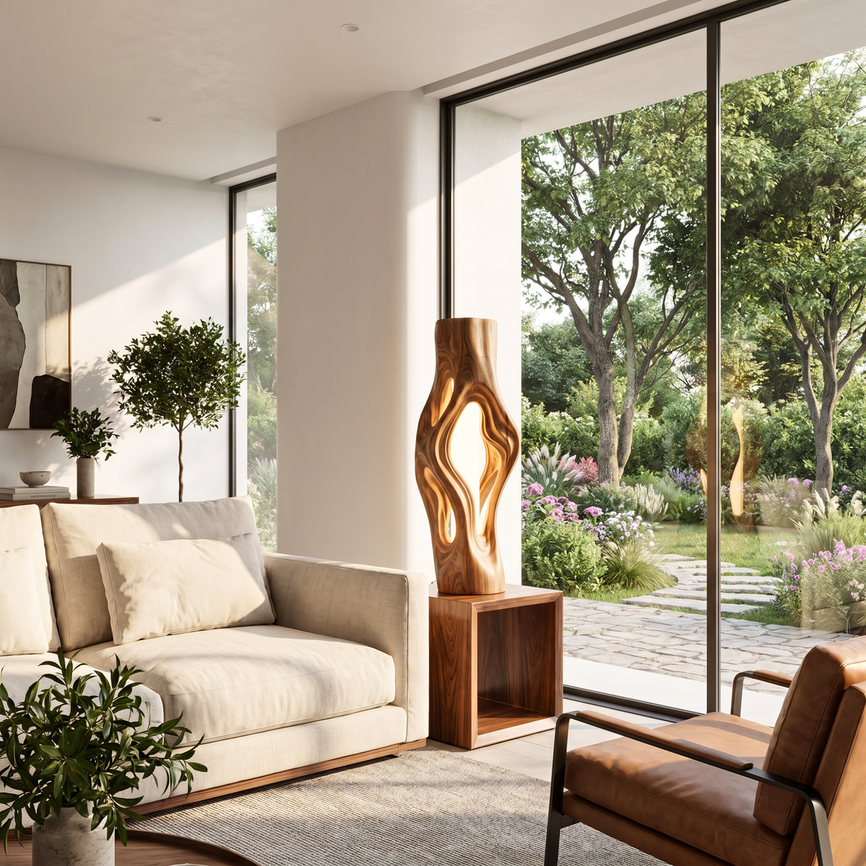Organic Column Wood Table Lamp with Flowing Cutouts