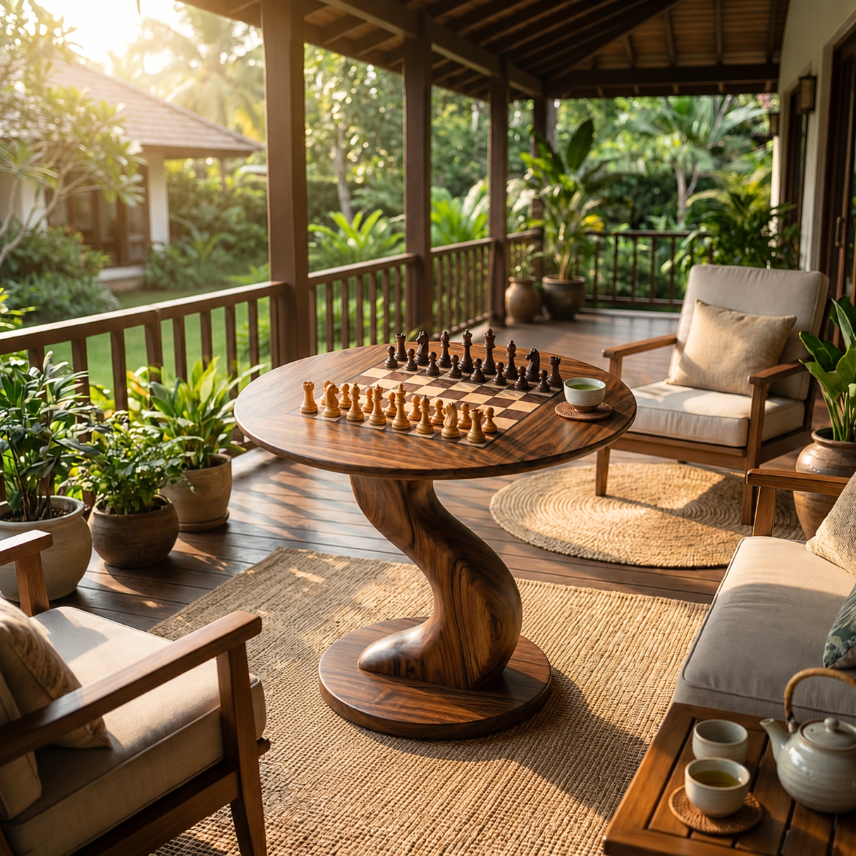 Handcrafted Round Solid Wood Chess Table with Twisted Pedestal Base