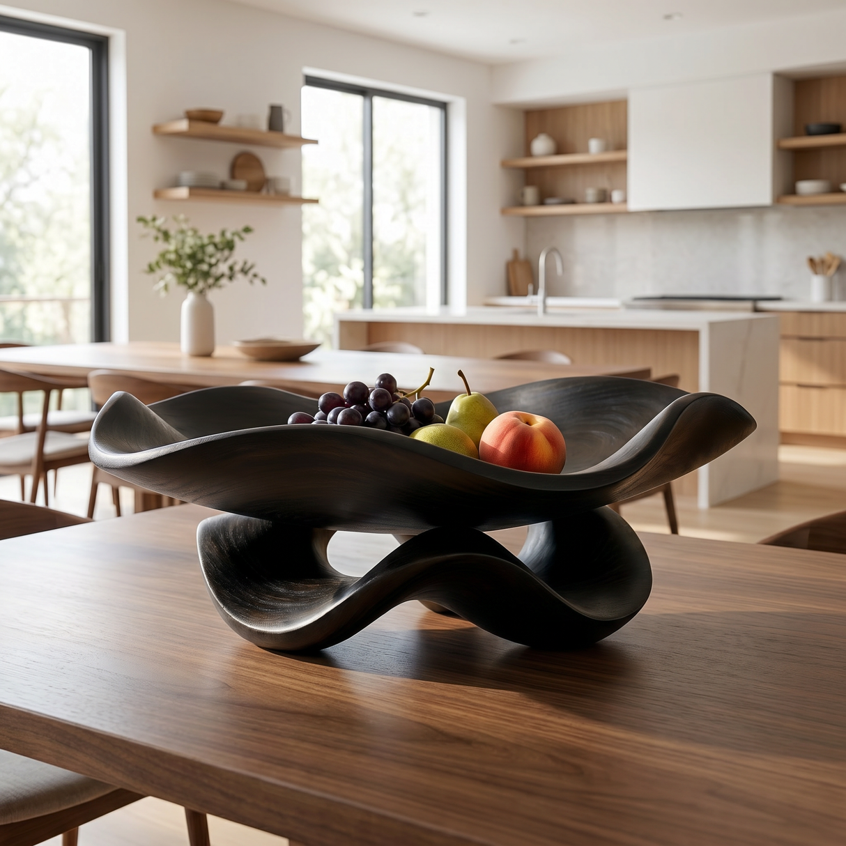 Solid Wood Ripple Fruit Bowl with Sculptural Wave Base and Flowing Rim