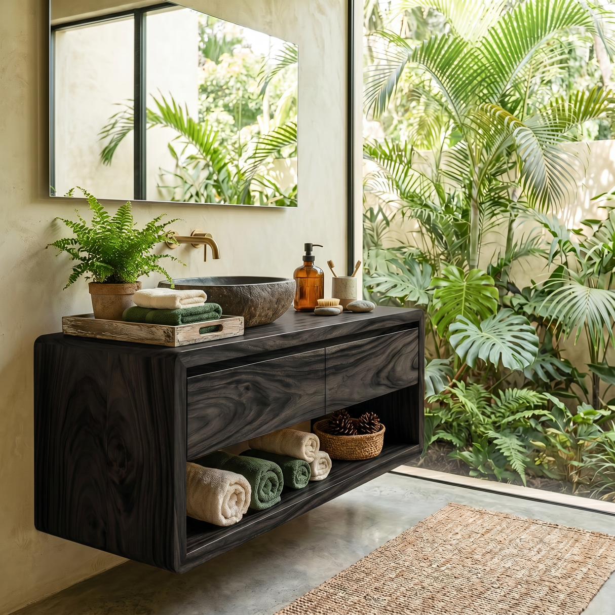 Minimalist Floating Solid Wood Bathroom Vanity with Seamless Organic Frame