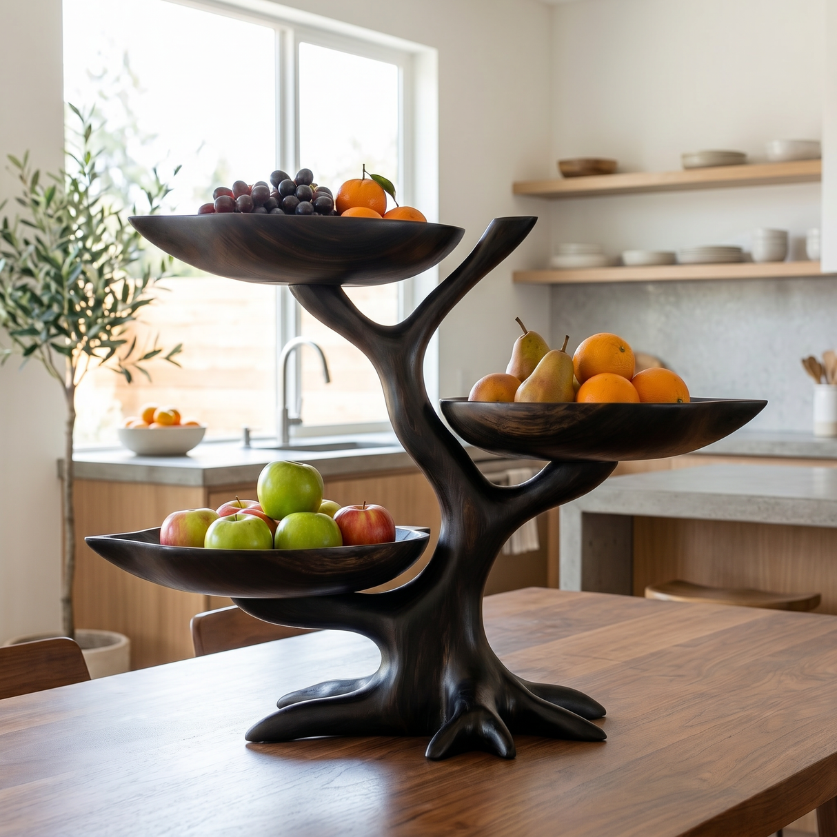 Handcrafted Solid Wood Tiered Fruit Centerpiece with Tree-Limb Stand and Curved Bowl Trays