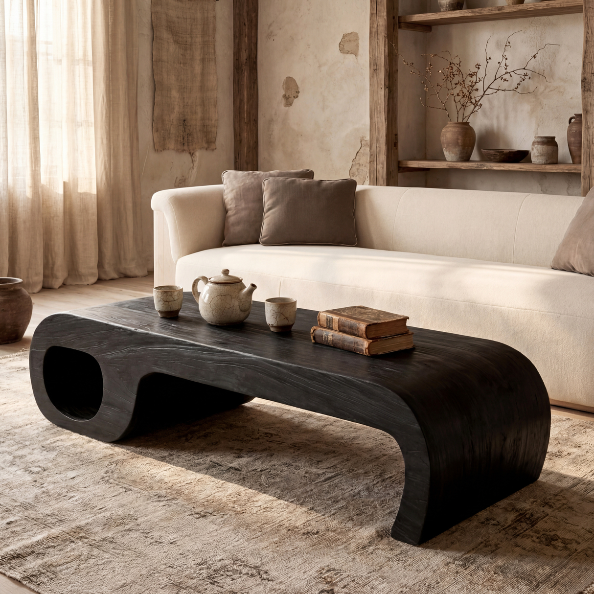 Sculptural Solid Wood Coffee Table, Modern Curved Statement Table