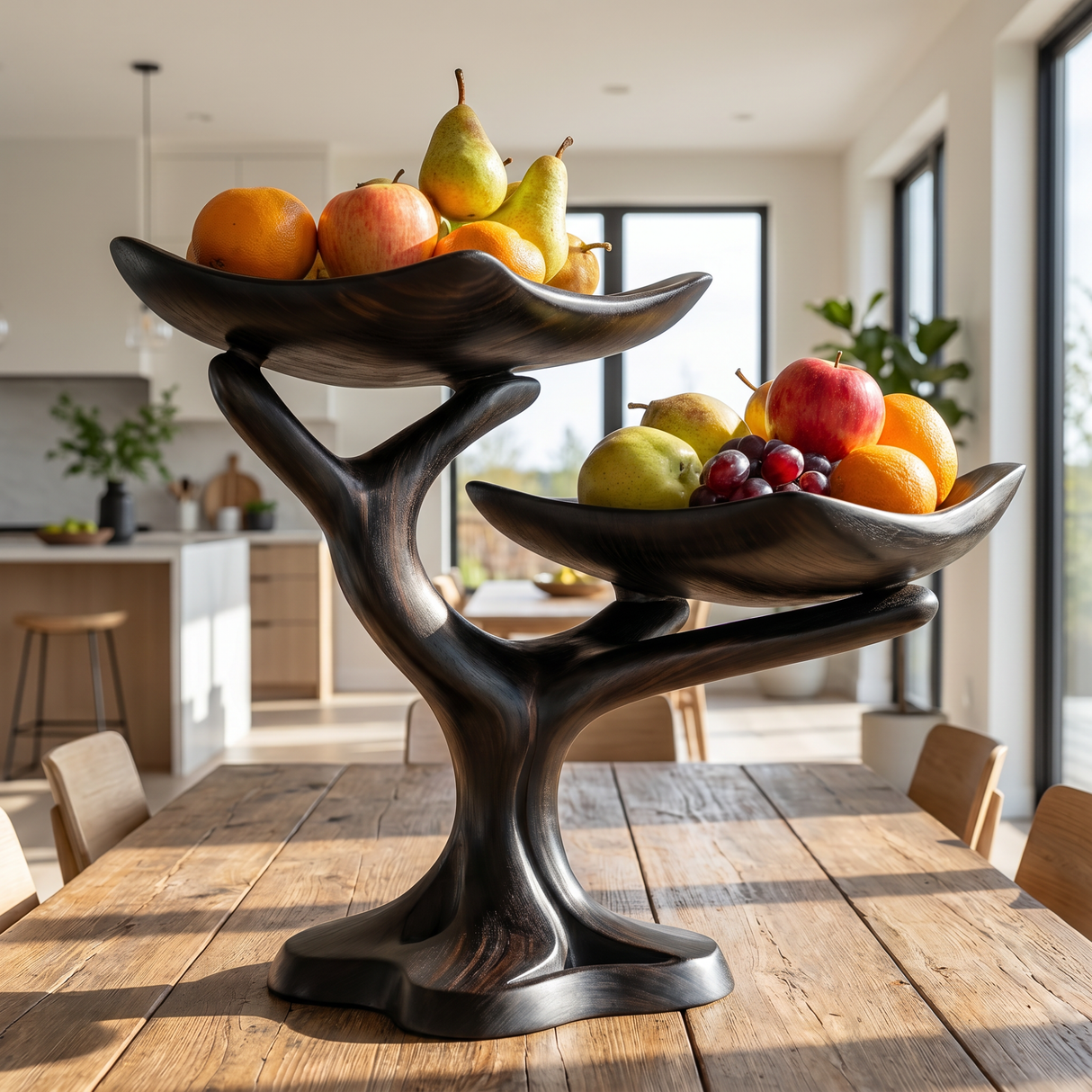 Handmade Wave Edge Solid Wood Fruit Bowl with Two-Tier Sculptural Stand