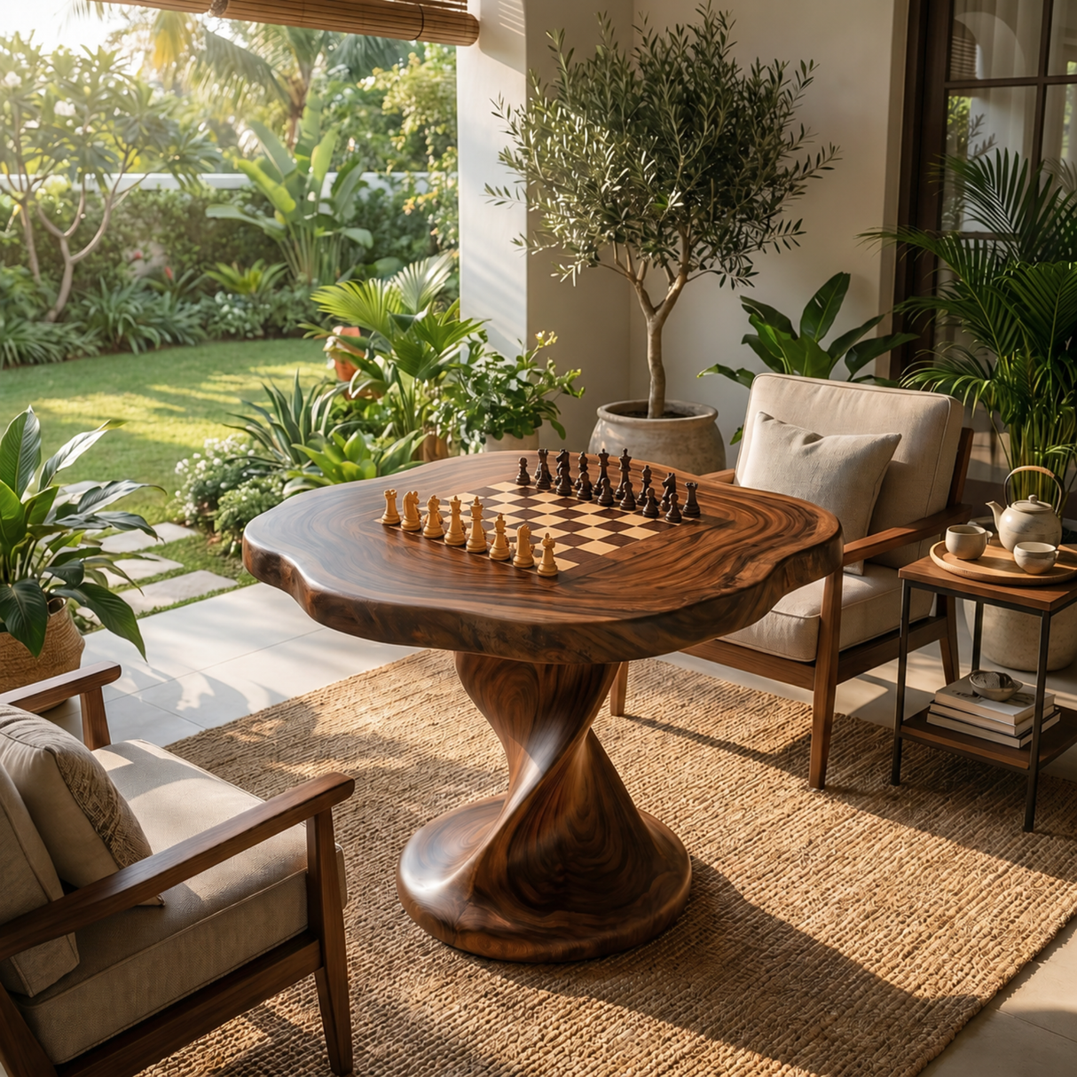 Handcrafted Solid Wood Chess Table with Organic Square Top and Pedestal Base