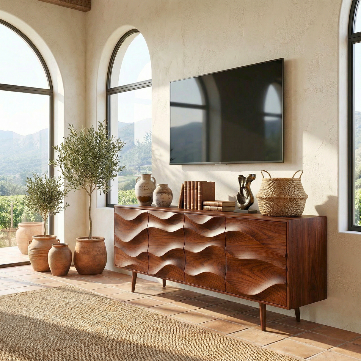 Sculptural Solid Wood TV Cabinet for Modern Interiors
