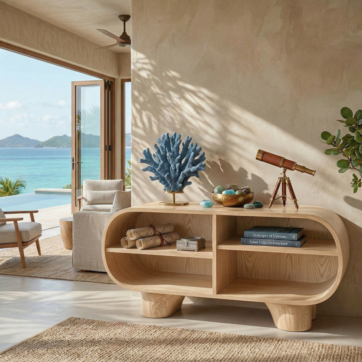 Rounded Solid Wood Sideboard with Open Shelving, Organic Modern Storage Console