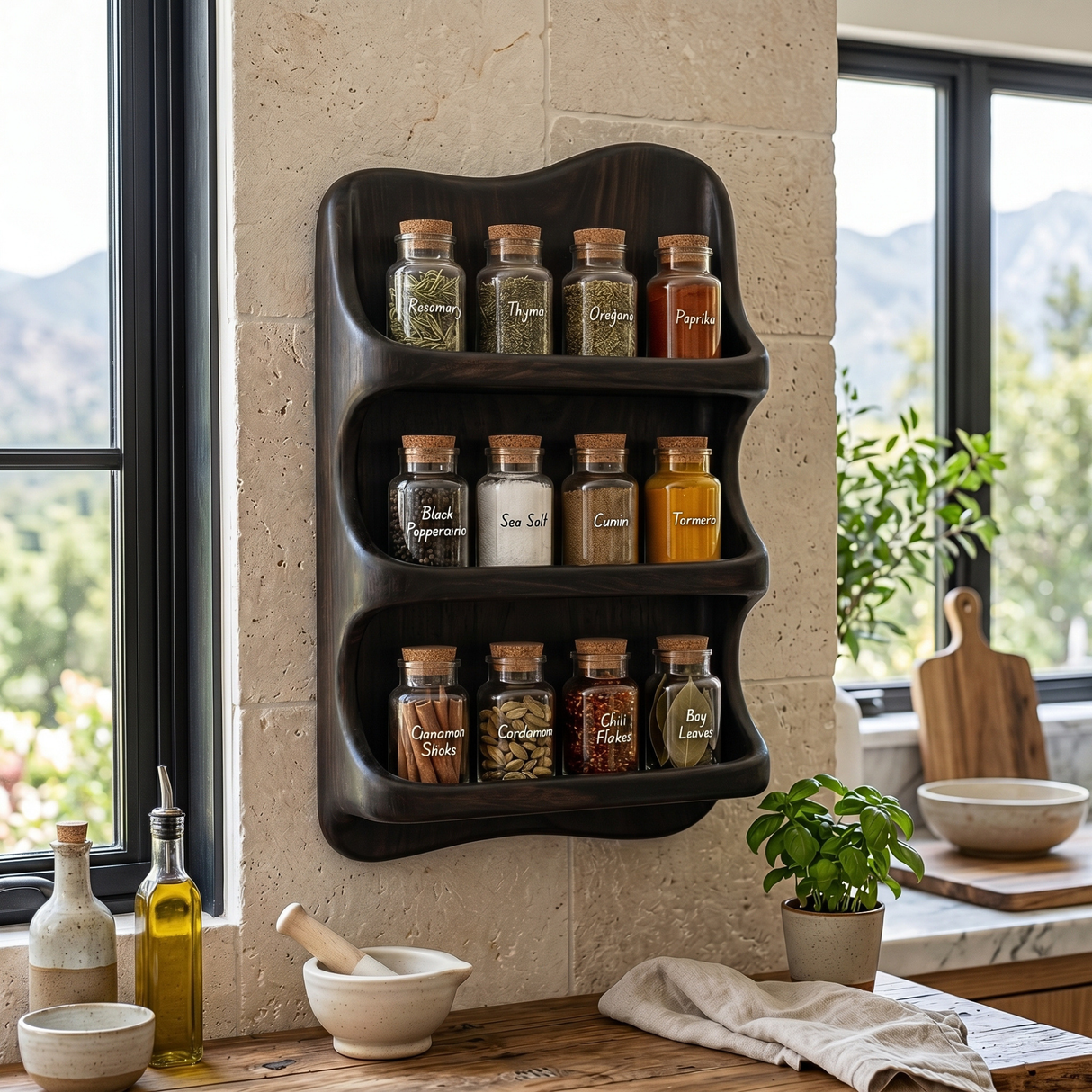 Curved Solid Wood Wall Spice Organizer with Three Open Display Tiers
