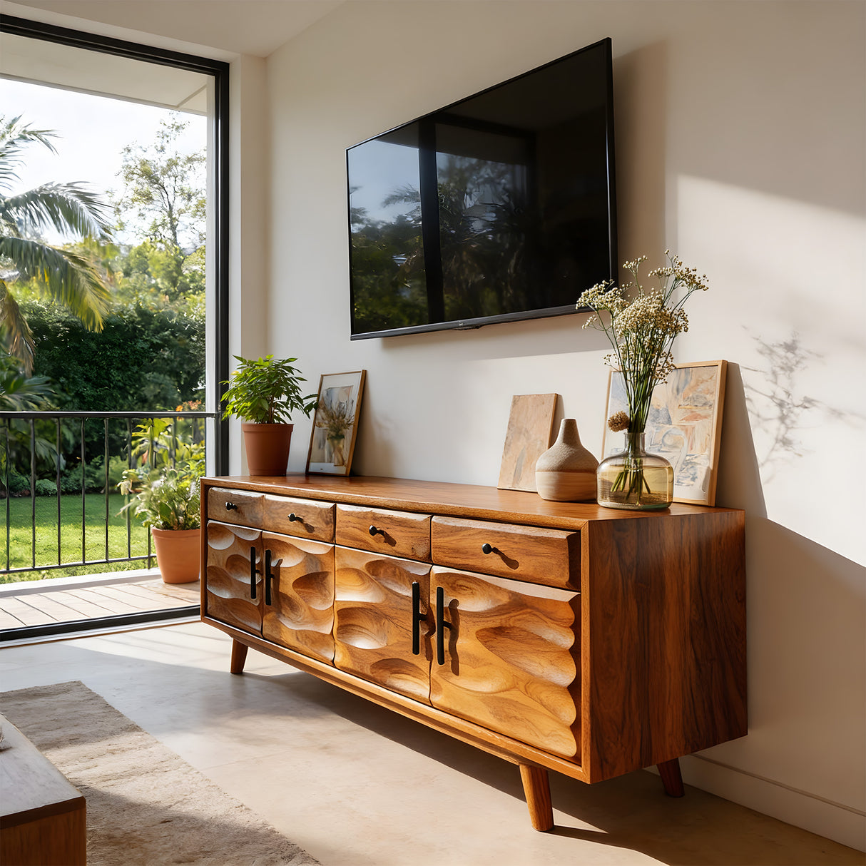 Solid Wood Sculpted Media Console for Modern Living