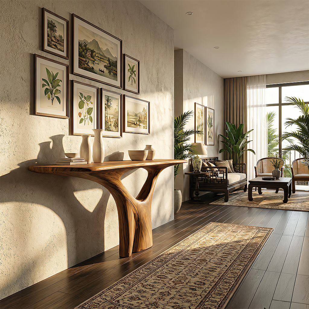 Solid Wood Sculptural Console Table with Tree Base
