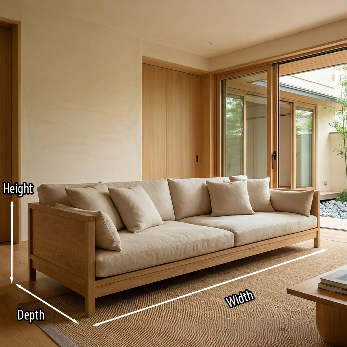 Japanese Style Low Wooden Sofa with Linen Cushions Zen Solid Wood Platform Couch