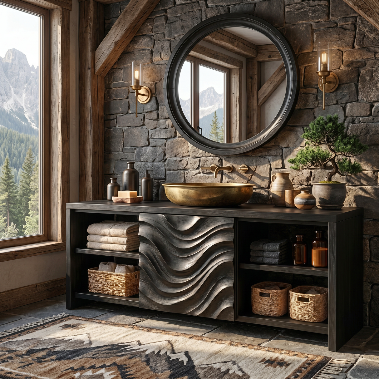 Solid Wood Bathroom Vanity with Wave Carved Center Panel and Open Shelf Storage