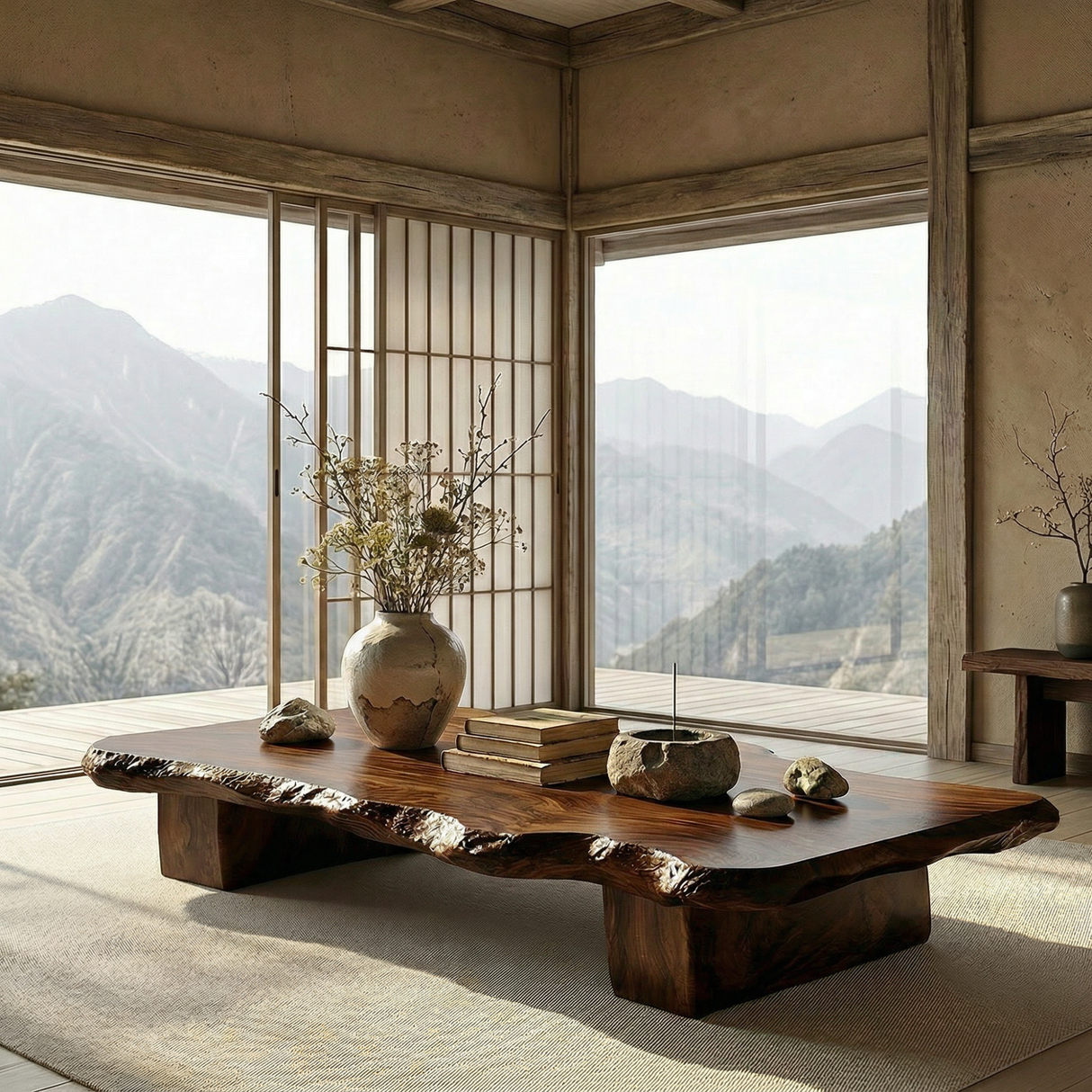 Solid Wood Live Edge Tea Table for Zen Tatami and Japandi Spaces