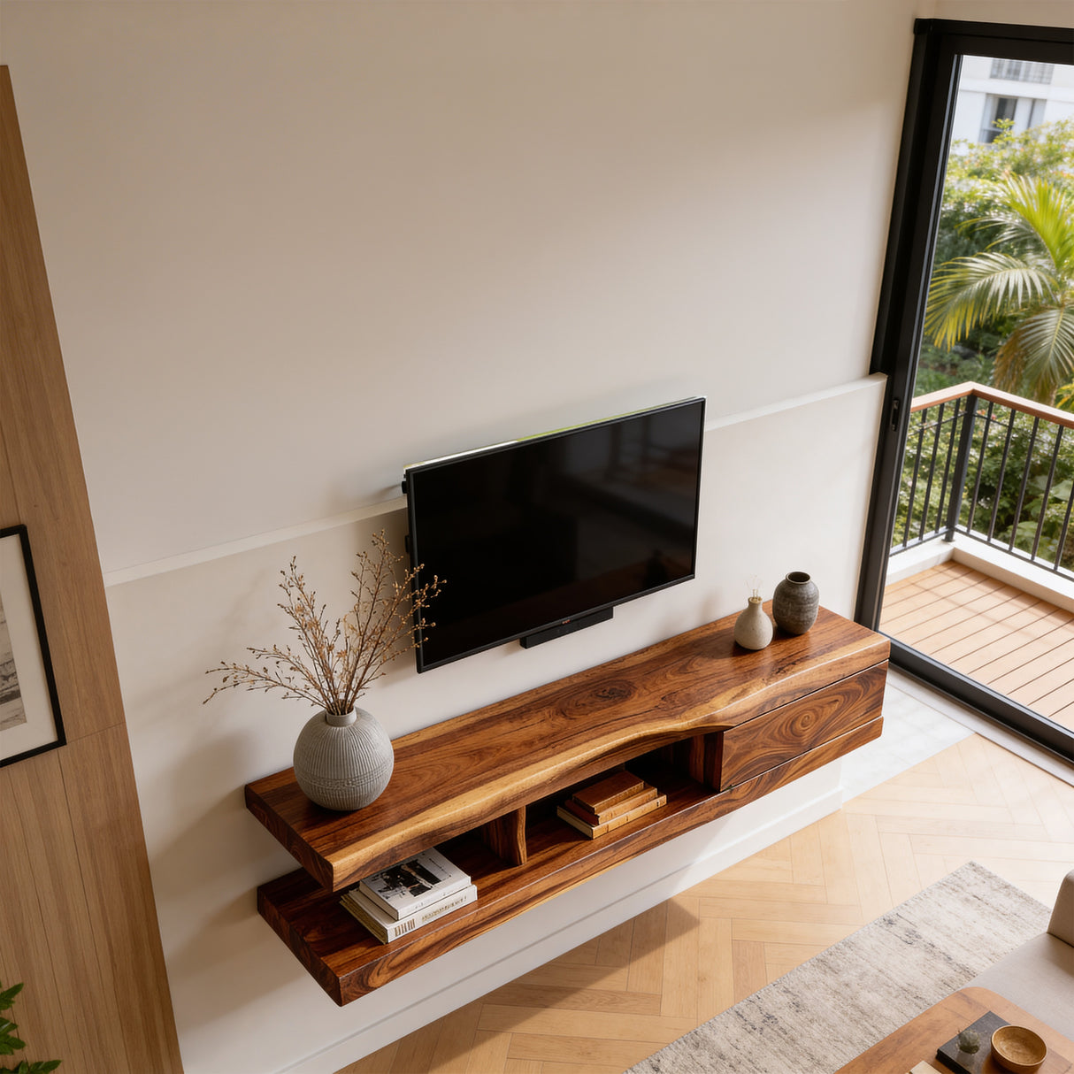 Floating Live Edge Wood TV Console with Drawer