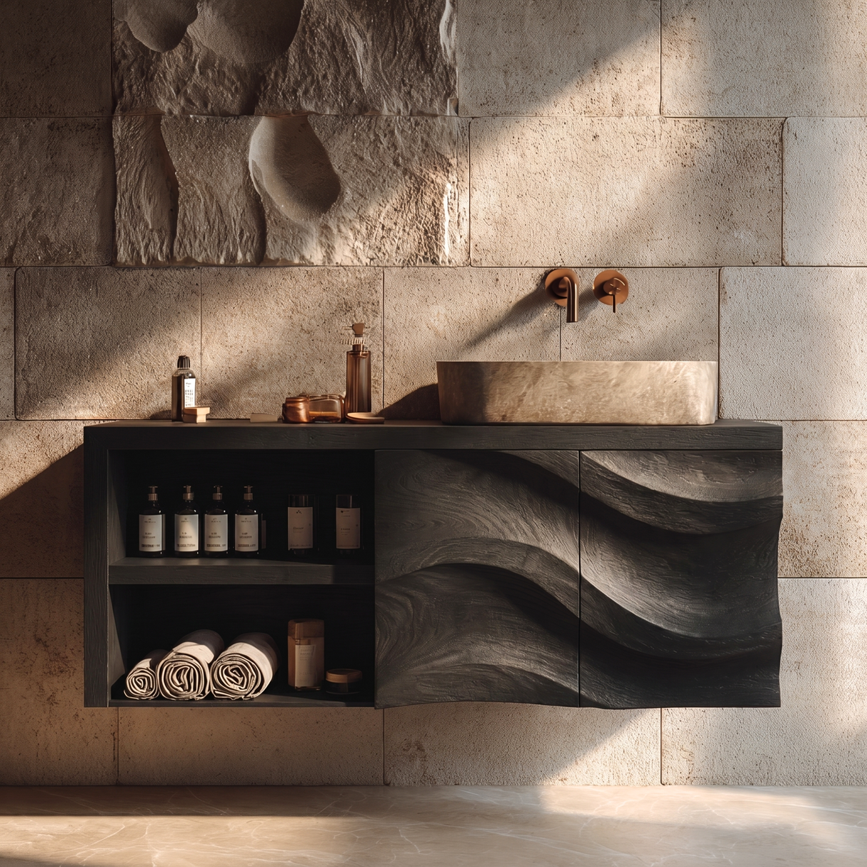 Sculptural Solid Wood Bathroom Vanity Cabinet with Flowing Carved Front
