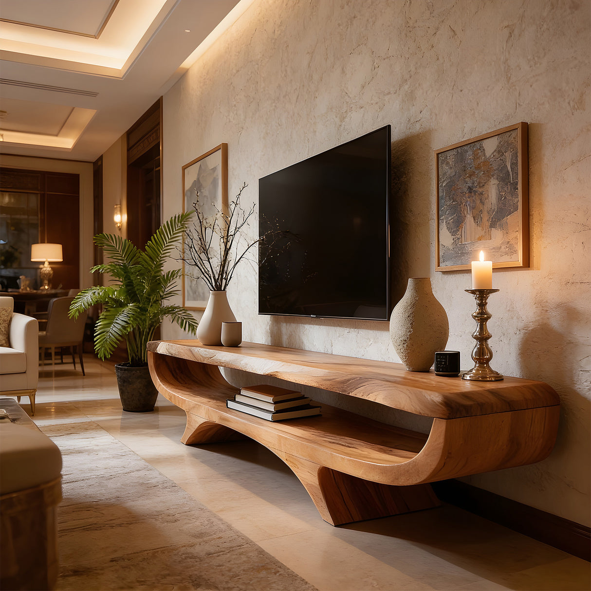 Curved Solid Wood Floating TV Console for Minimalist Interiors