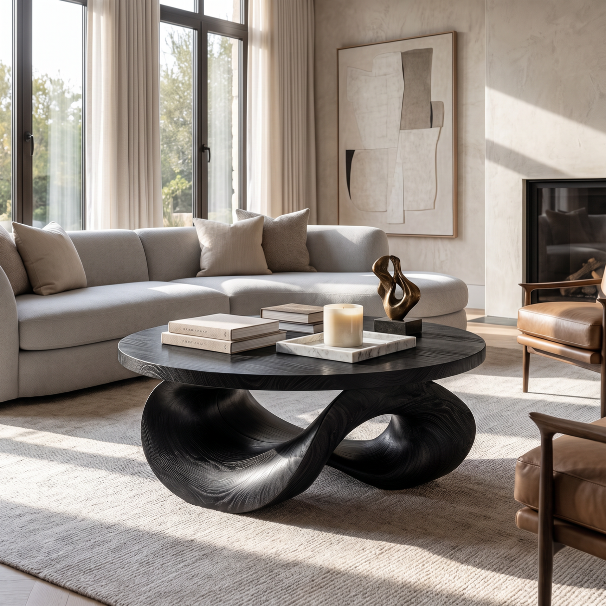Coffee Table Solid Wood with Sculptural Intertwined Loop Base