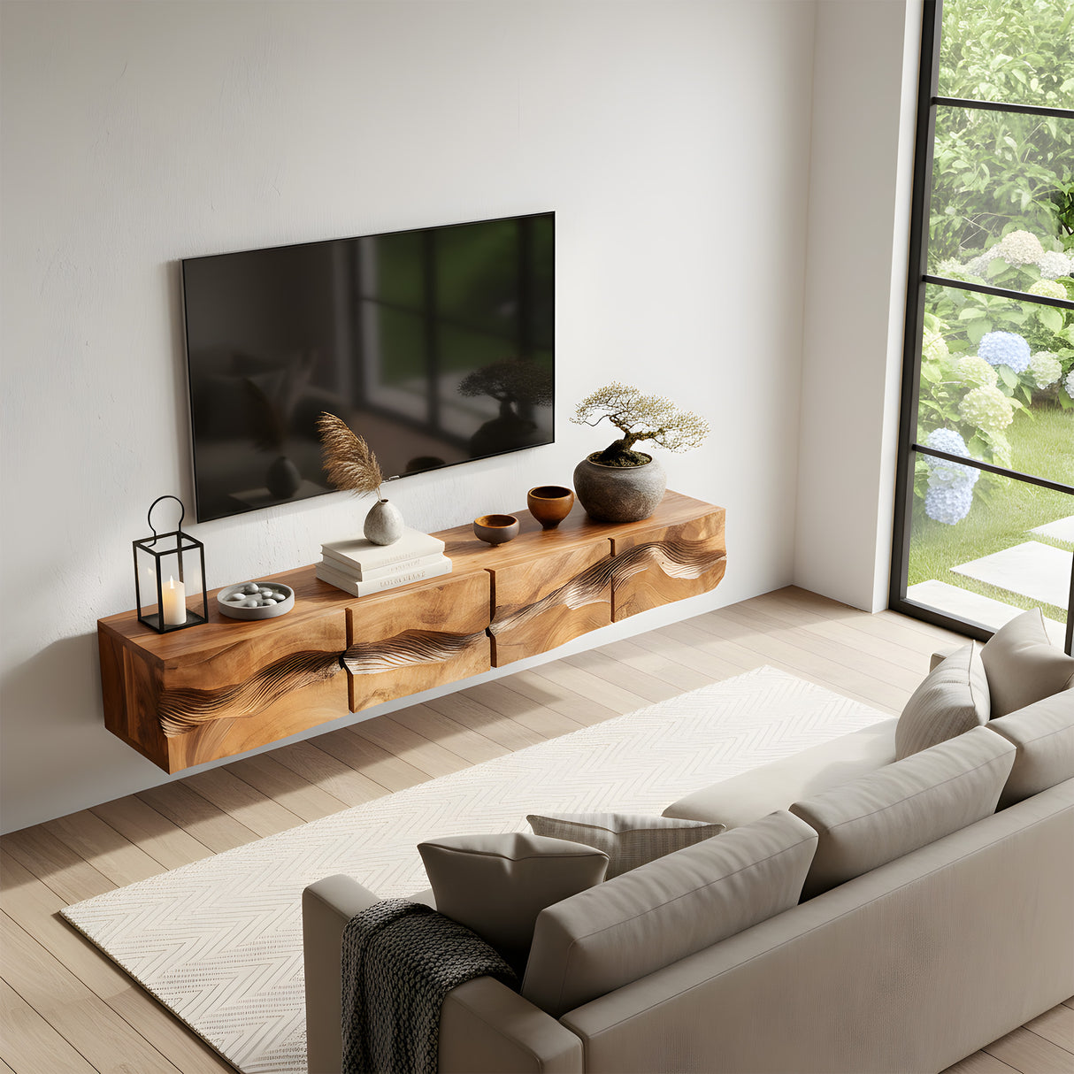 Artisan Sculpted Solid Wood Floating TV Console