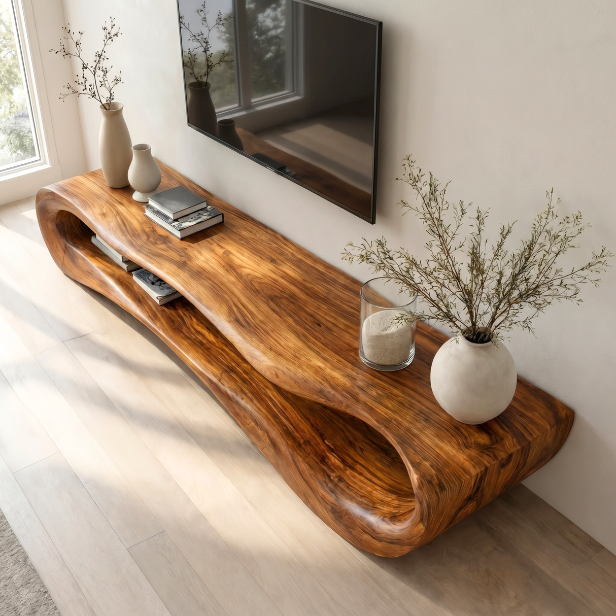 Organic Solid Wood TV Stand with Curved Open Shelf