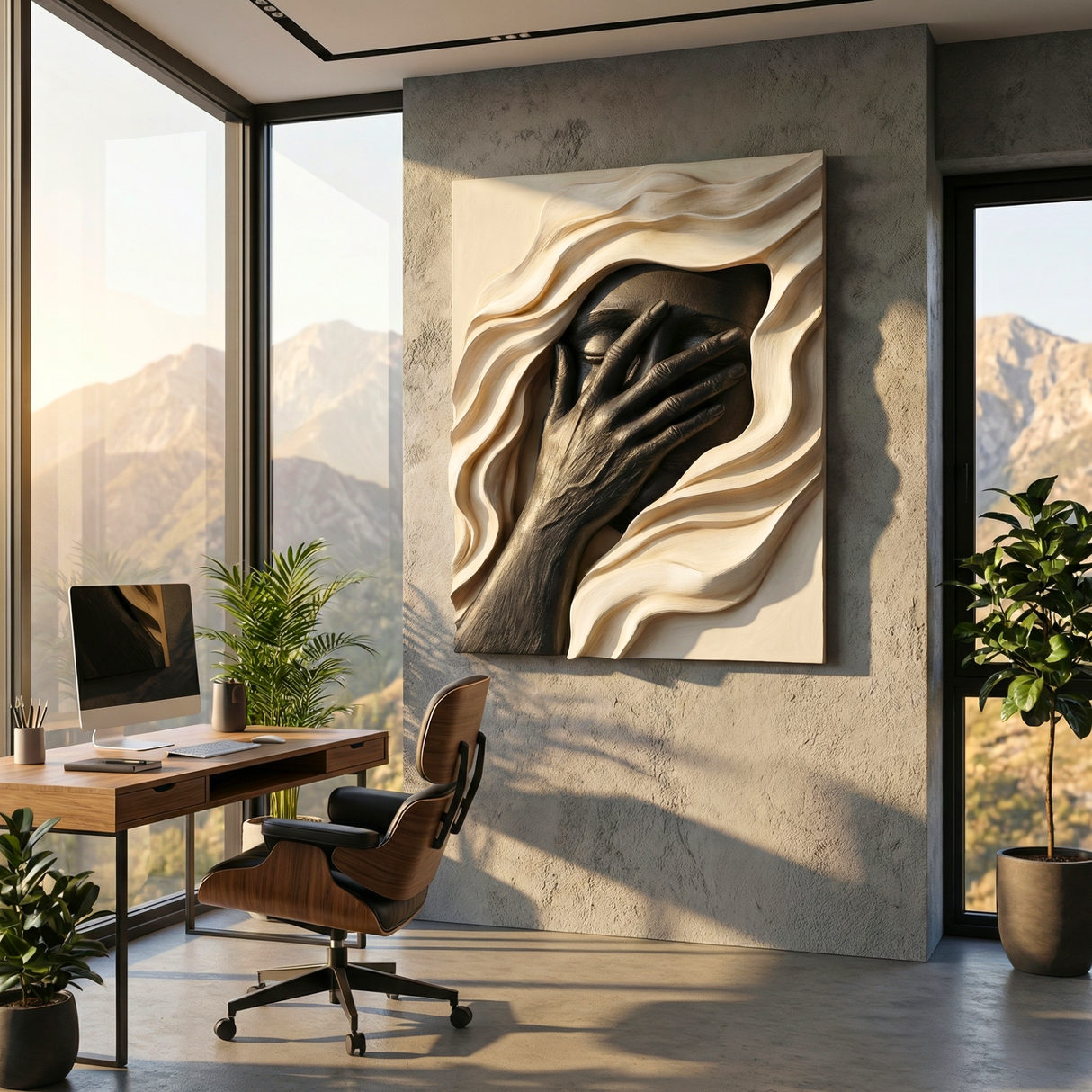 Handcrafted Solid Wood Face Wall Sculpture with Black Relief Hand and Flowing Layers