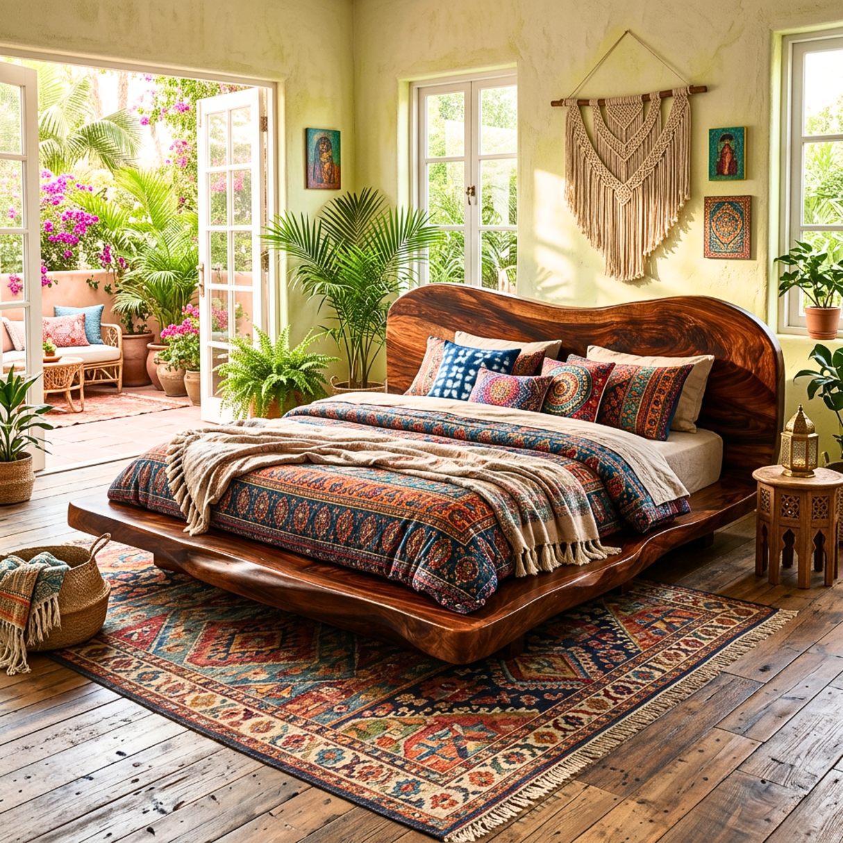 Handcrafted Solid Wood Bed with Curved Organic Headboard and Low Platform Base