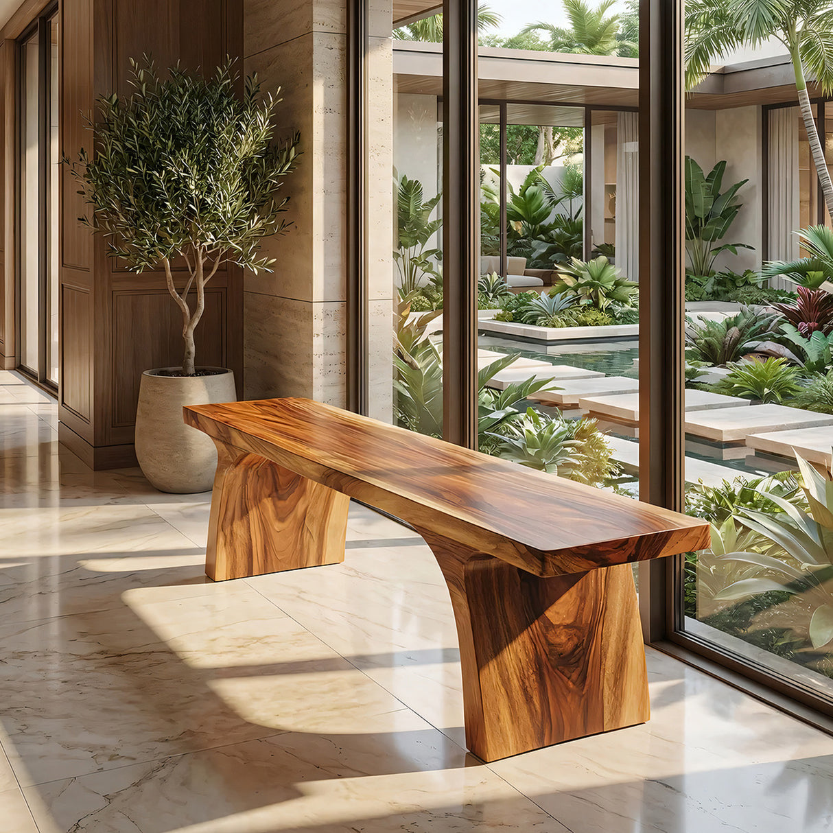 Minimalist Solid Wood Bench with Sculpted Organic Base