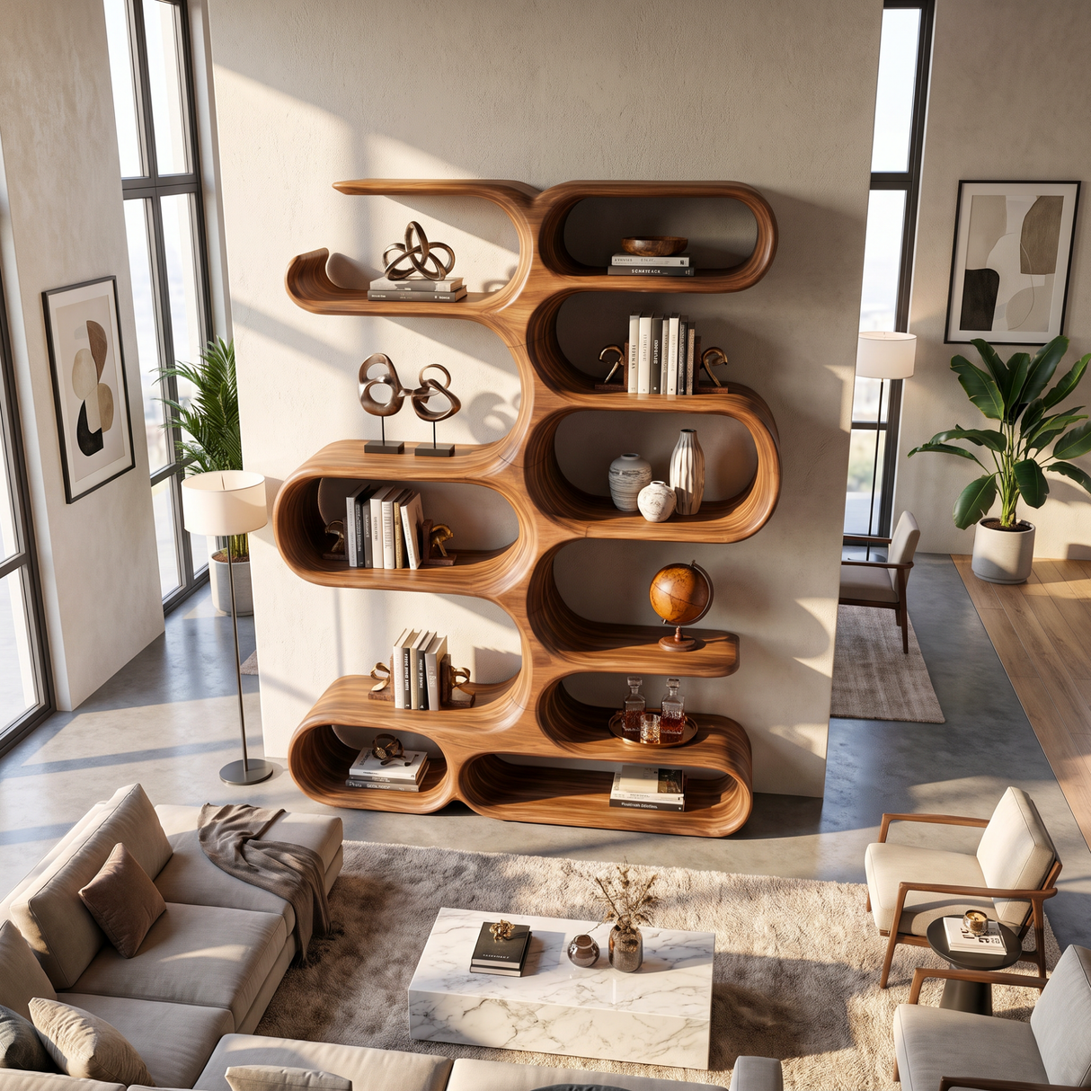 Handcrafted Solid Wood Organic Wall Bookcase with Curved Open Shelves