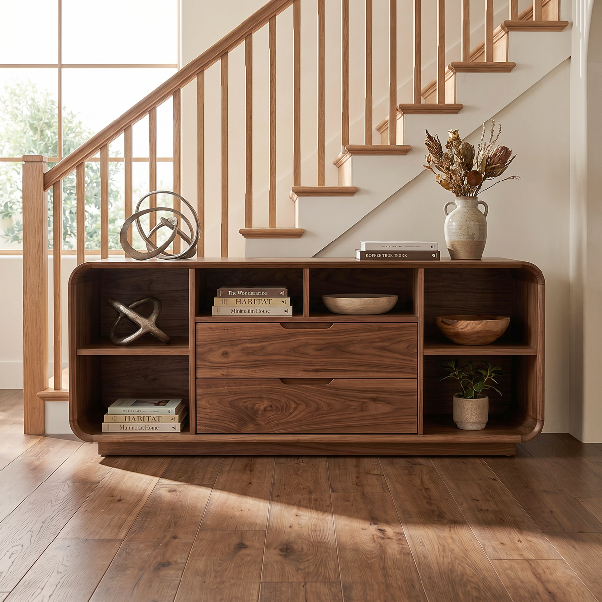 Solid Wood Rounded Corner Sideboard with Drawers and Open Shelves