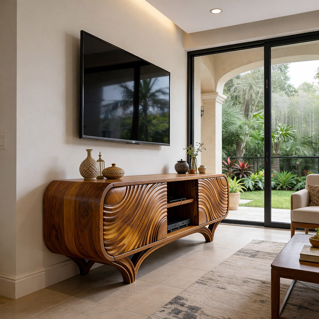 Sculptural Solid Wood TV Stand with Organic Wave Carving