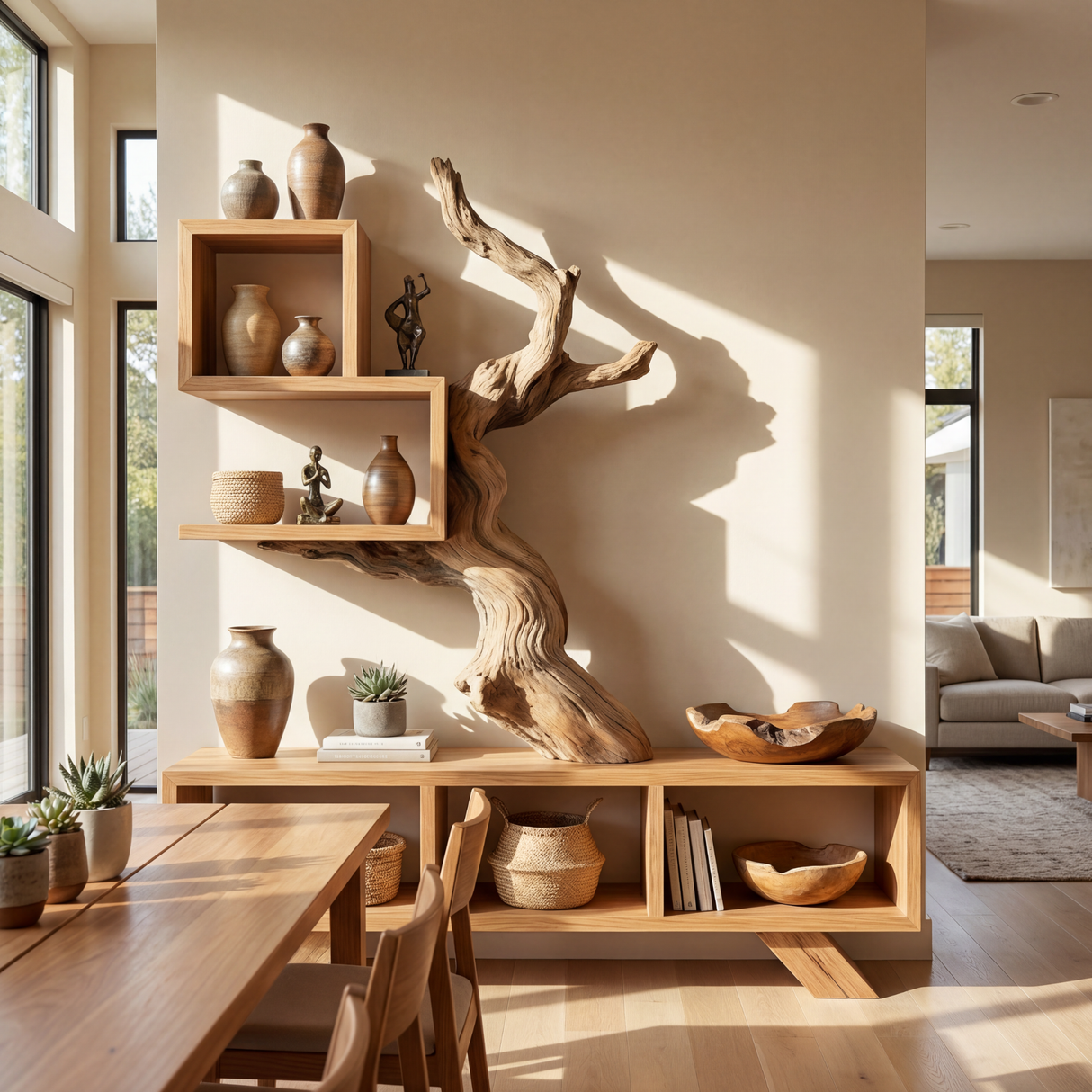 Solid Wood Sculptural Bookshelf with Tree Form Organic Modern Display Shelf Storage Unit