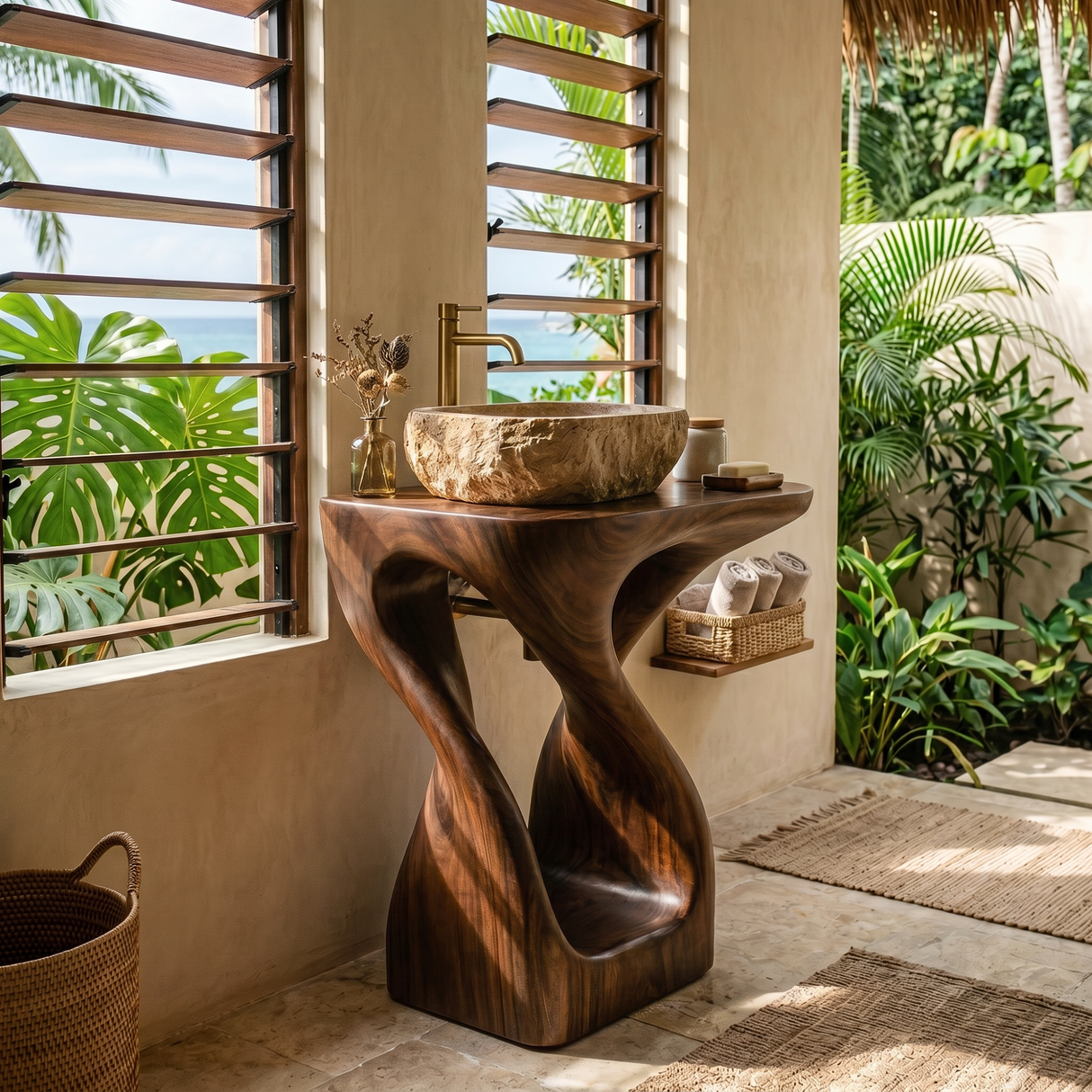 Organic Twisted Solid Wood Pedestal Sink Vanity with Sculptural Flow Form