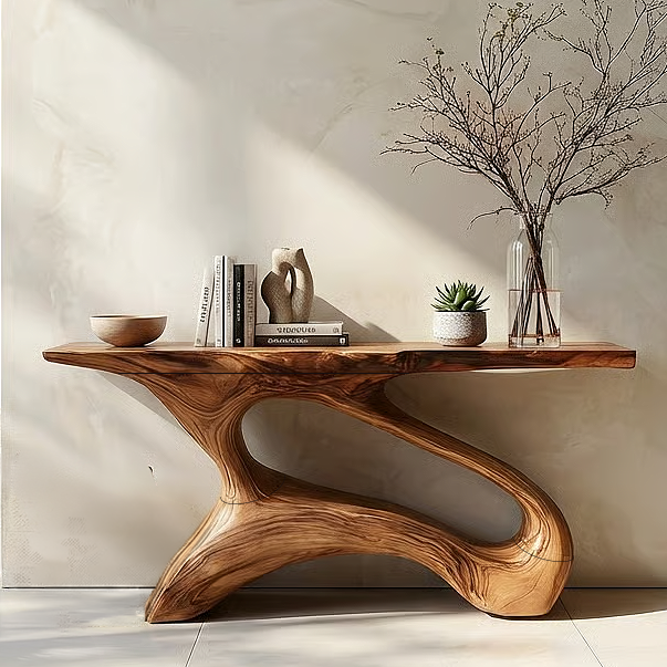 Modern Sculptural Solid Wood Console Table with Open Curved Base