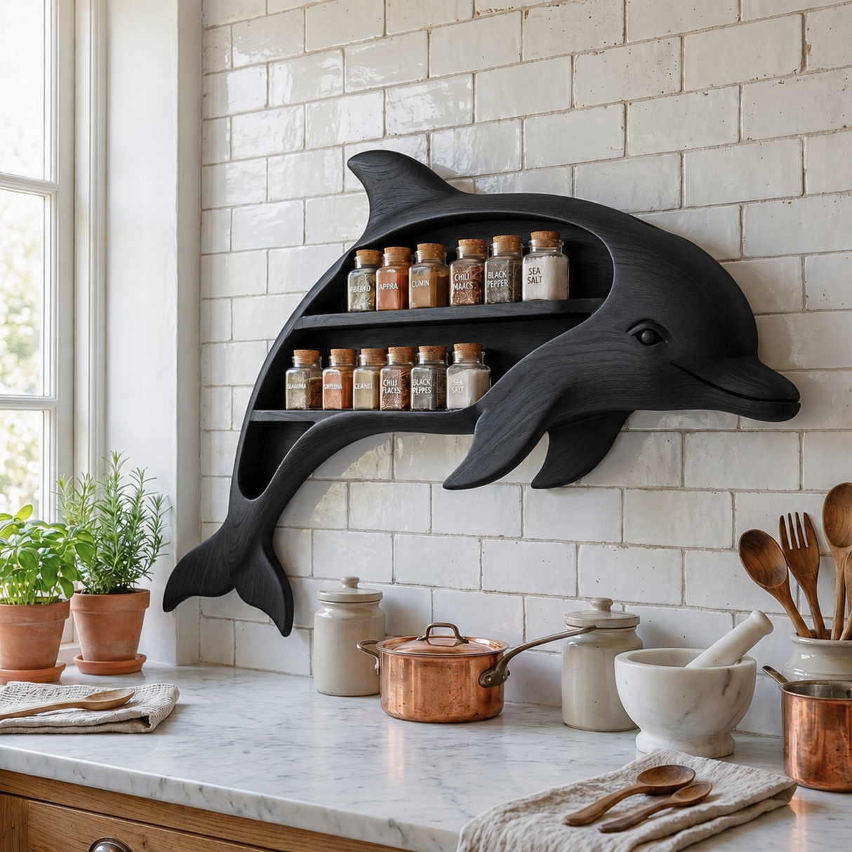 Handcrafted Dolphin-Shaped Wood Wall Spice Rack with Two Open Shelves for Kitchen