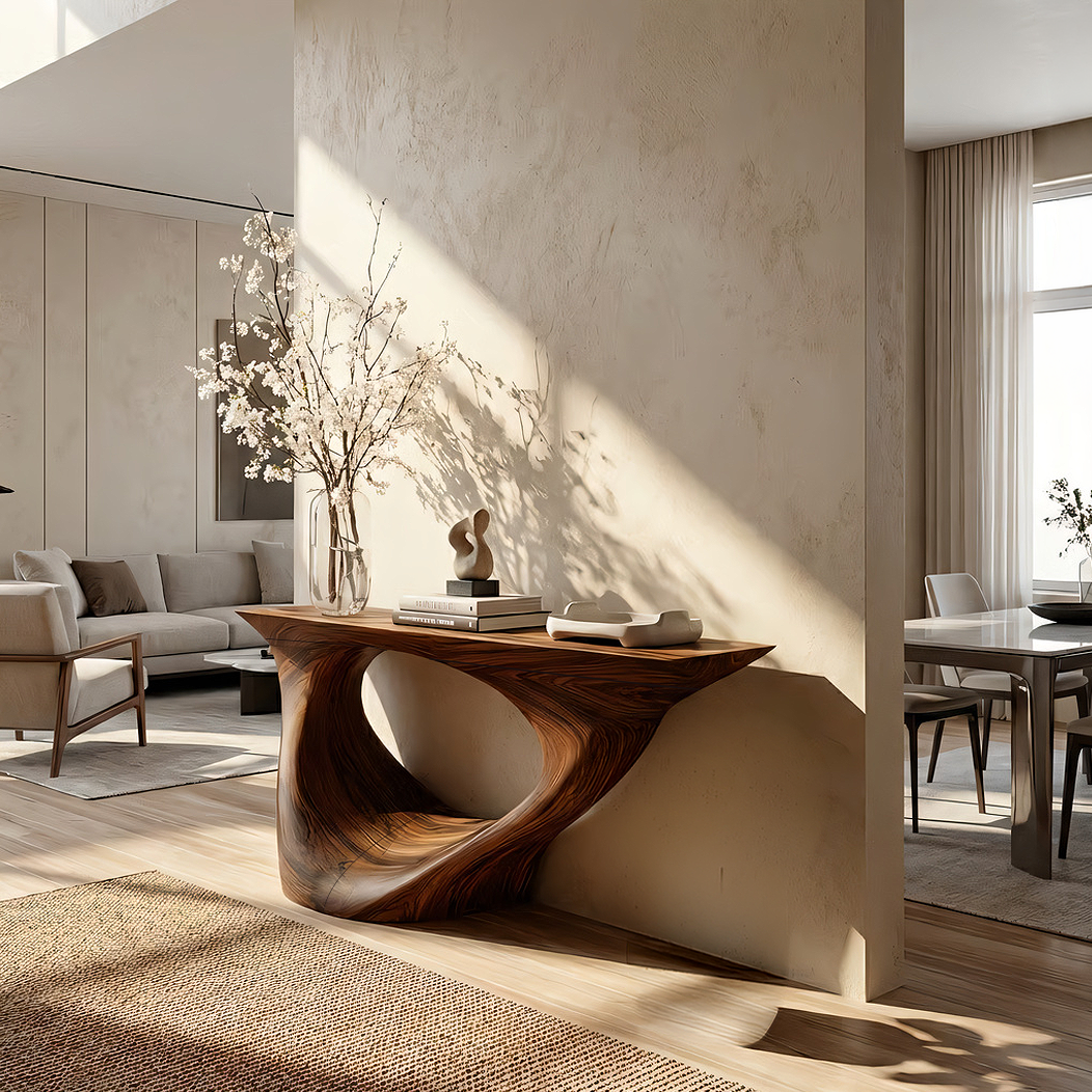 Organic Sculpted Solid Wood Console Table with Architectural Base