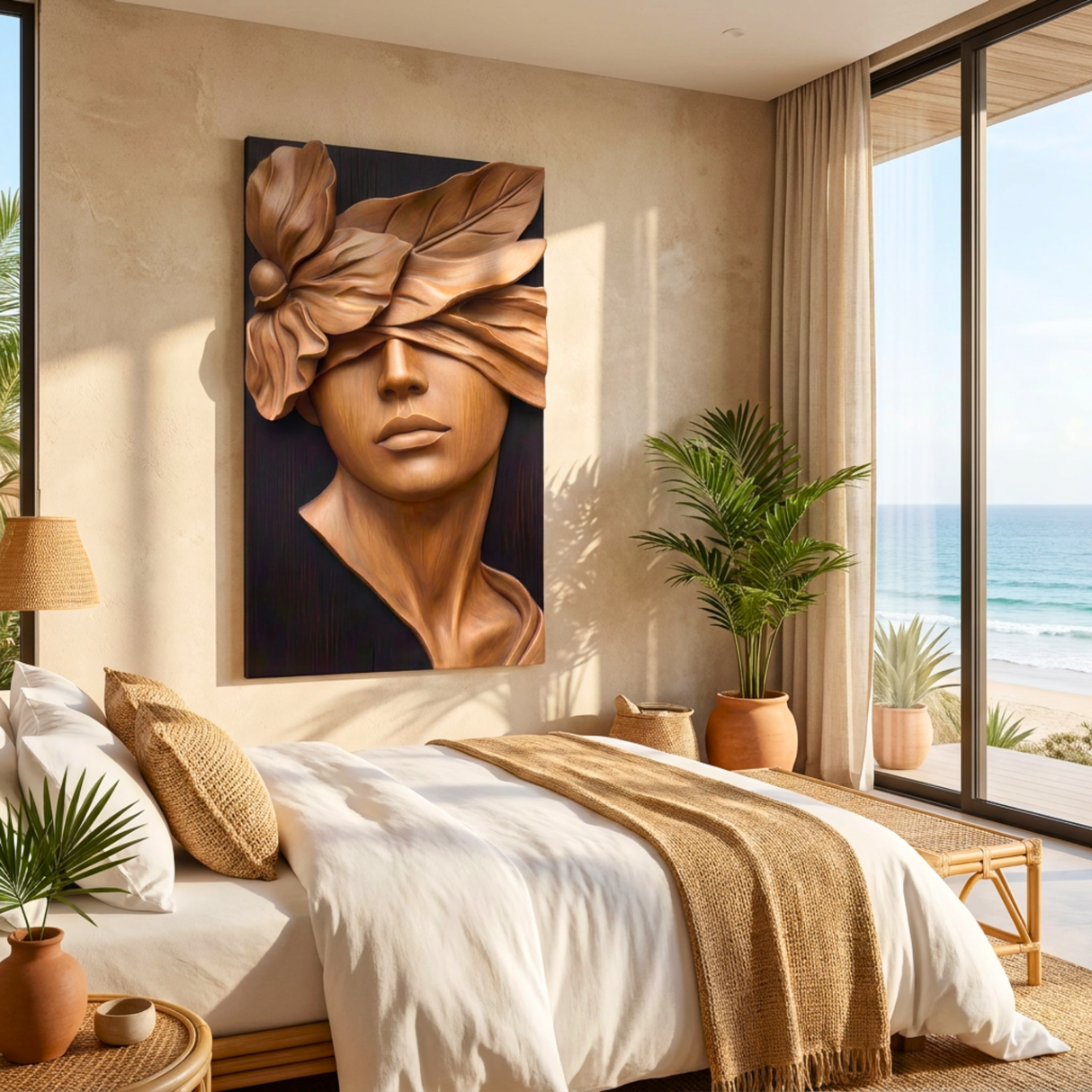 Urban Bloom Veil Wooden Relief Portrait Sculpture Wall Art