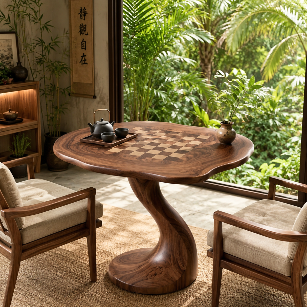 Handcrafted Solid Wood Chess Table with Organic Round Top and Curved Pedestal Base