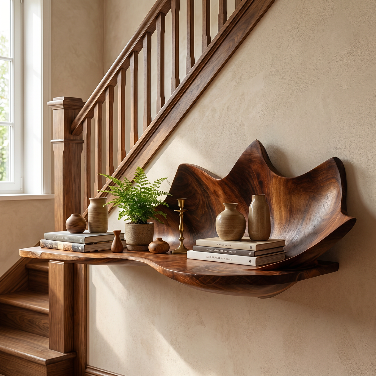 Handcrafted Solid Wood Sculpted Leaf Wall Shelf with Curved Display Tray