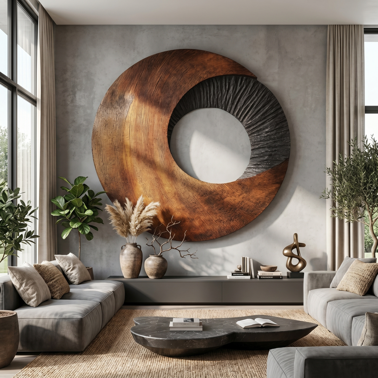 Solid Wood Oval Ring Wall Art with Radial Black Texture and Warm Grain Sweep
