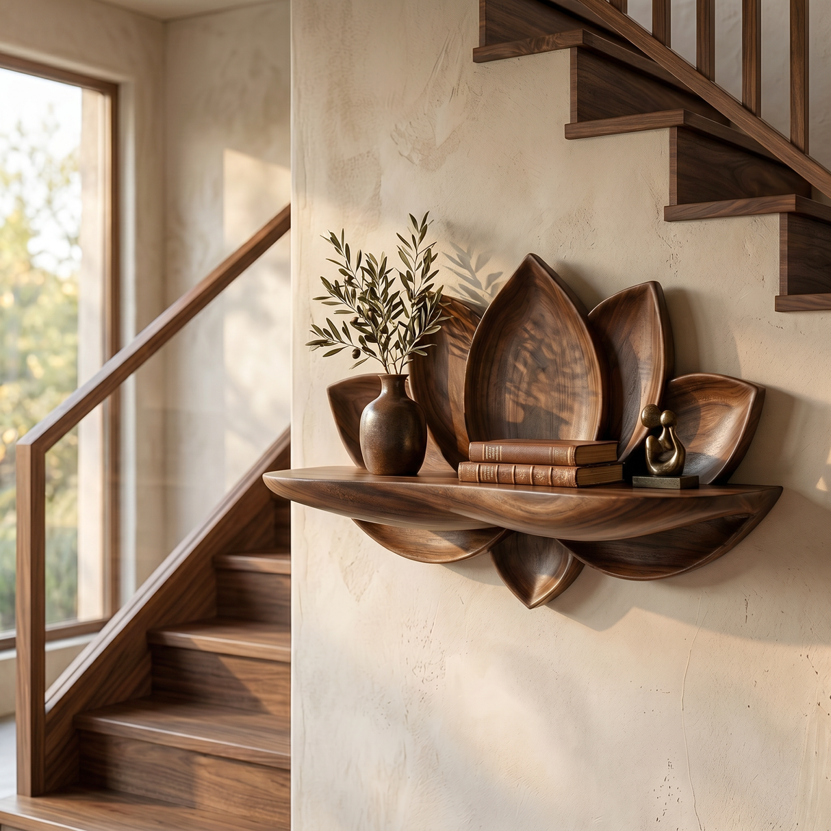Natural Solid Wood Lotus Flower Wall Shelf with Sculpted Petal Back