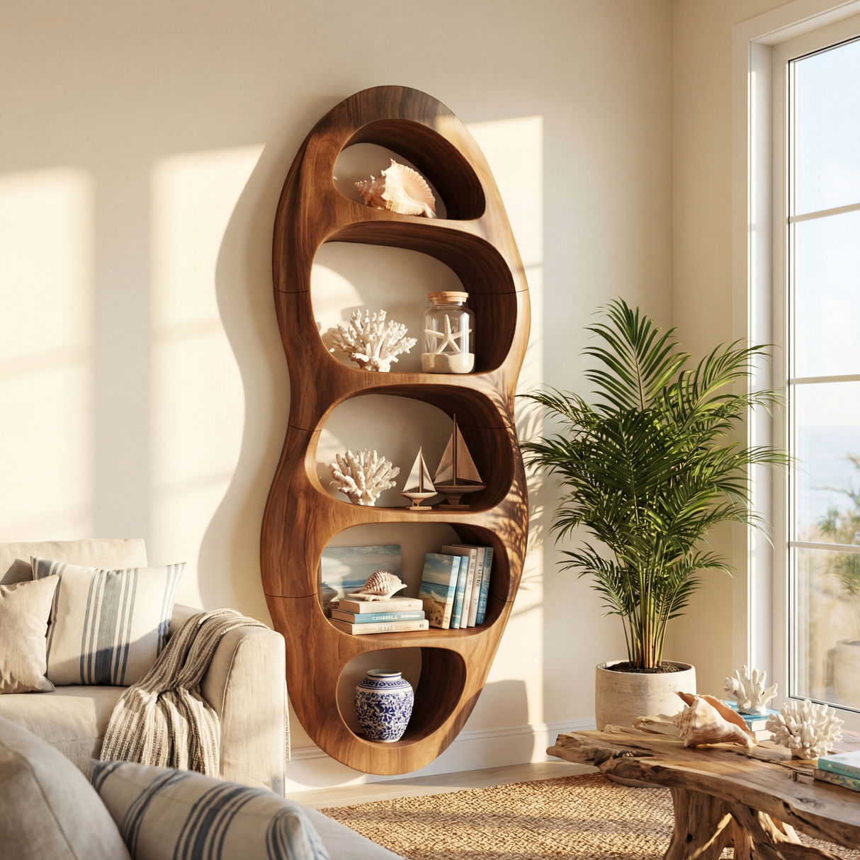 Vertical Organic Wood Bookcase with Sculpted Open Niches