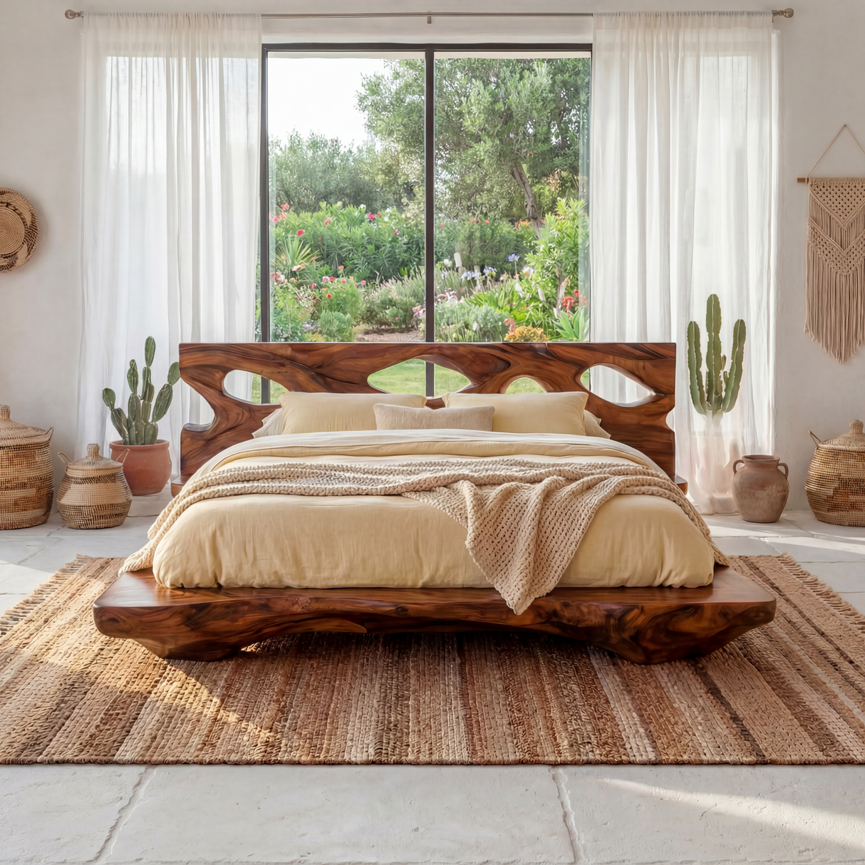 Sculptural Solid Wood Bed with Openwork Headboard and Low Platform Base