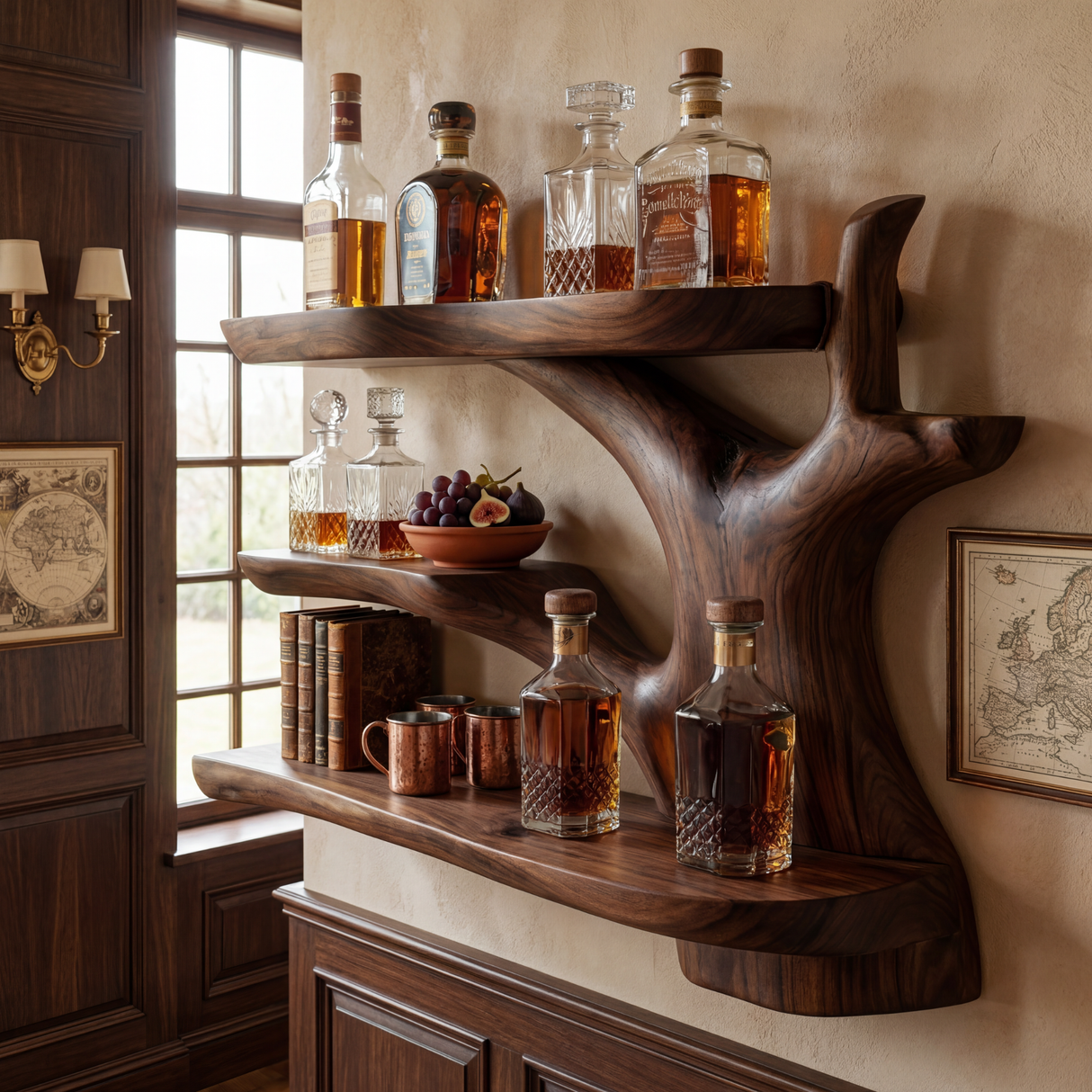 Handcrafted Solid Wood Wall Mounted Bar Shelf with Organic Open Display